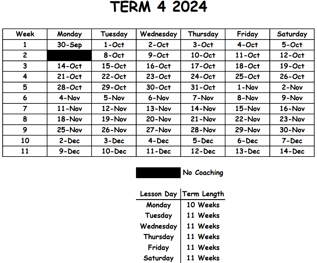 COACHING DATES TERM 4 2024